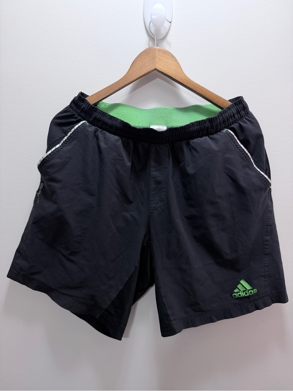 Adidas Men’s Black Athletic Shorts with Green Trim Size M
